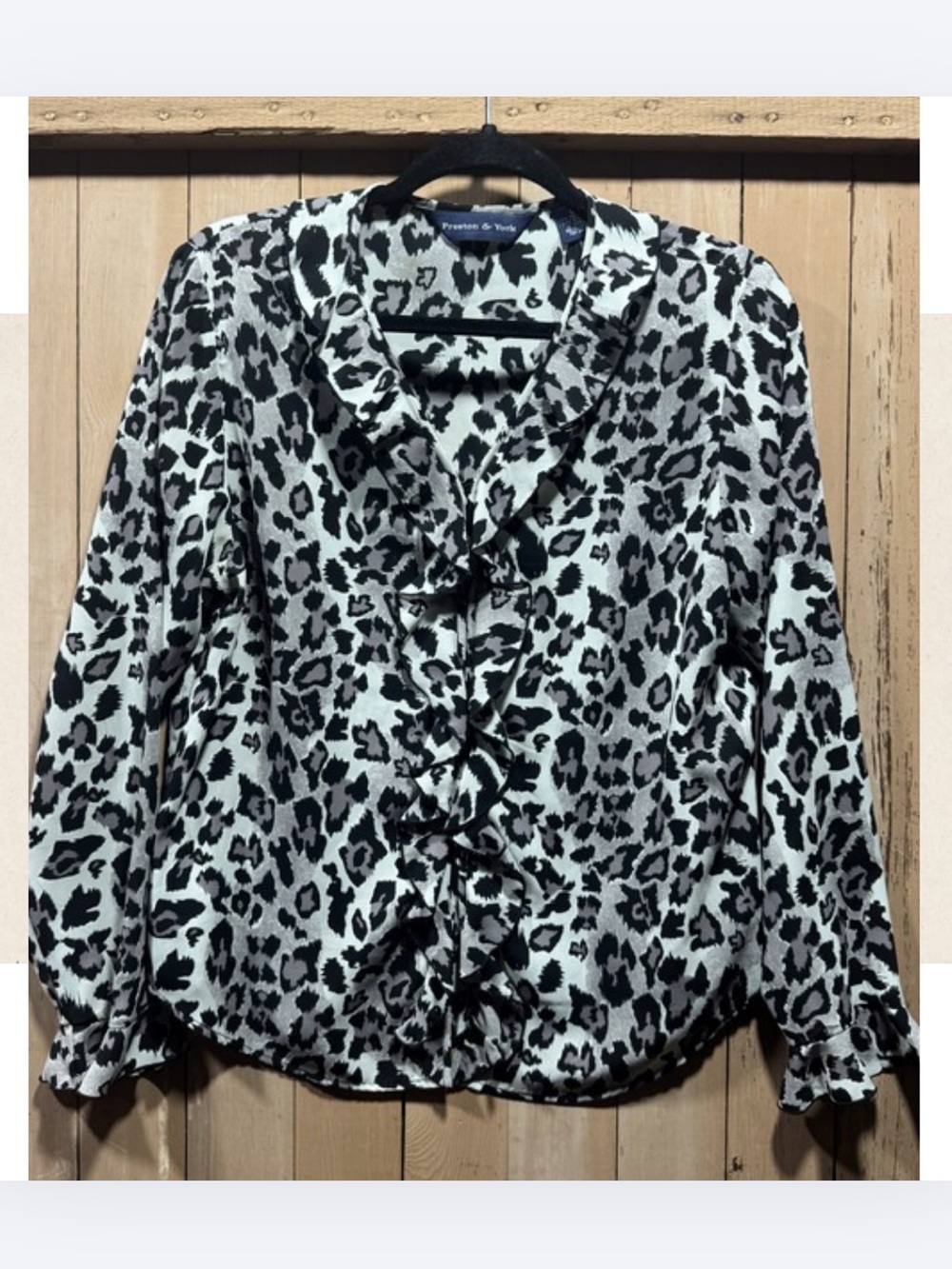 Preston & York Women's Black and White Leopard Ruffle Blouse size 12
